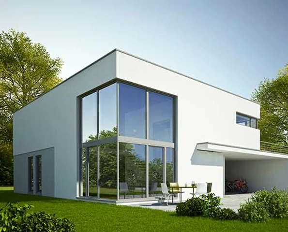 Modernes Lamellendach mit verstellbaren Aluminiumlamellen über einer Terrasse