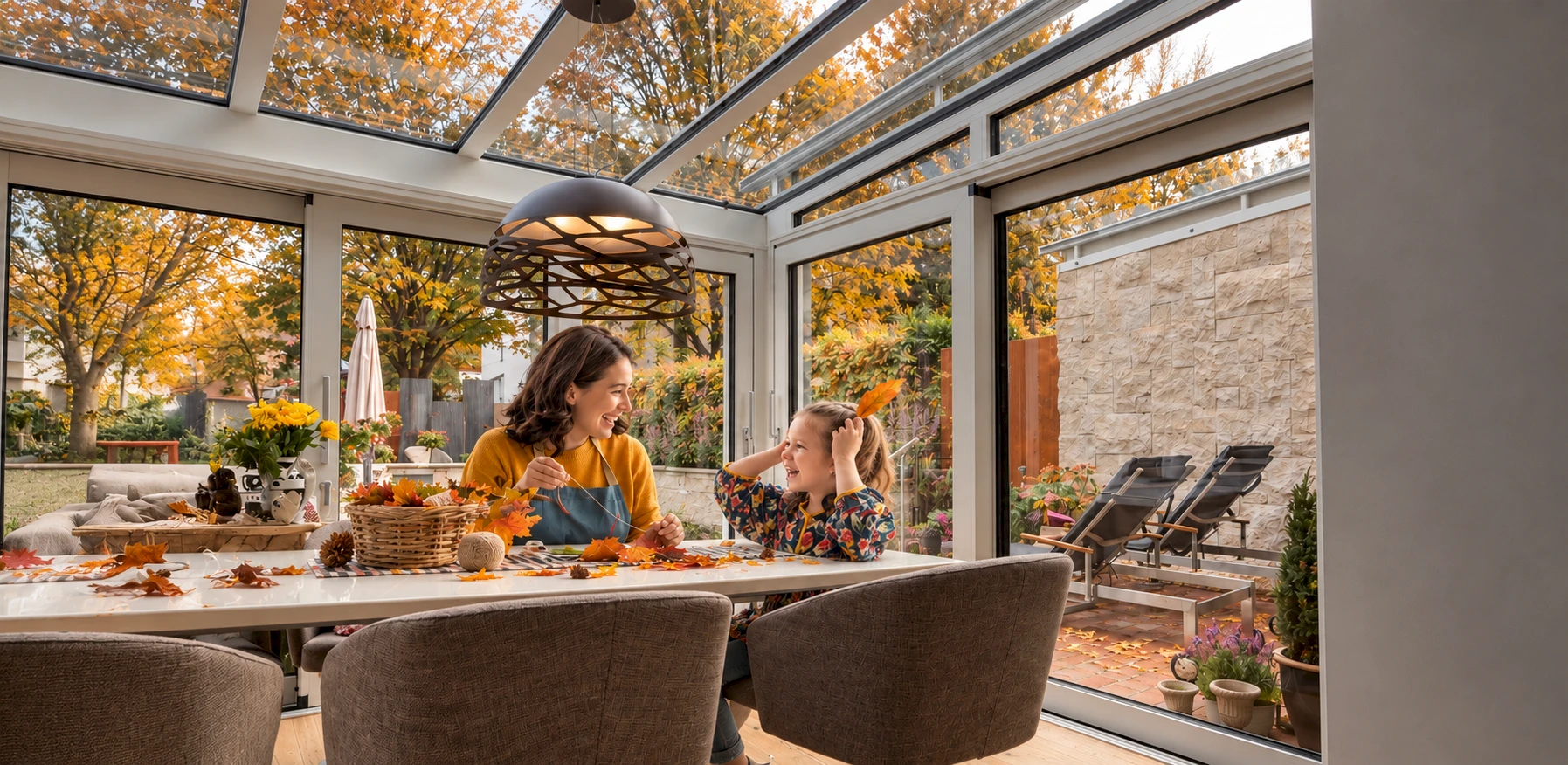 Sommergarten auf einer kleinen Terrasse mit rahmenlosen Glasschiebetüren, Essplatz und gemütlichem Sitzbereich.