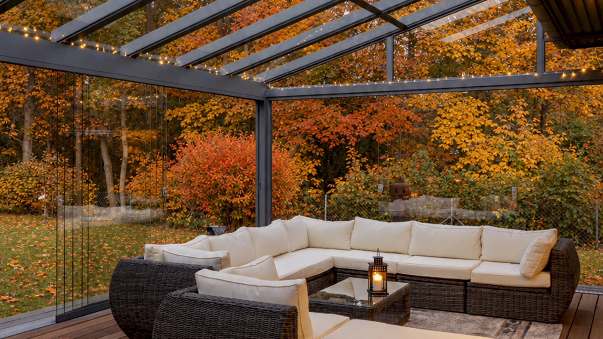 Sommergarten mit rahmenlosen Glasschiebetüren an einer Doppelhaushälfte mit Terrasse, Sitzbereich und begrüntem Garten