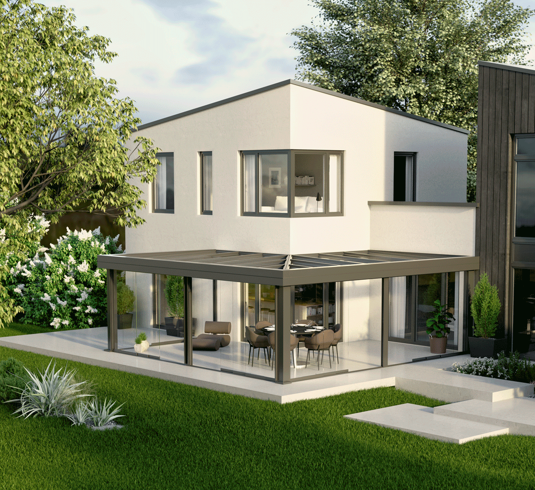 Modernes weißes Wohnhaus mit Flachdach über Eck