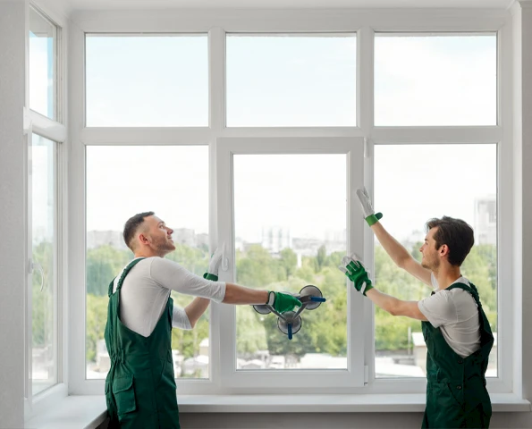 Fenster wird von zwei Personen montiert