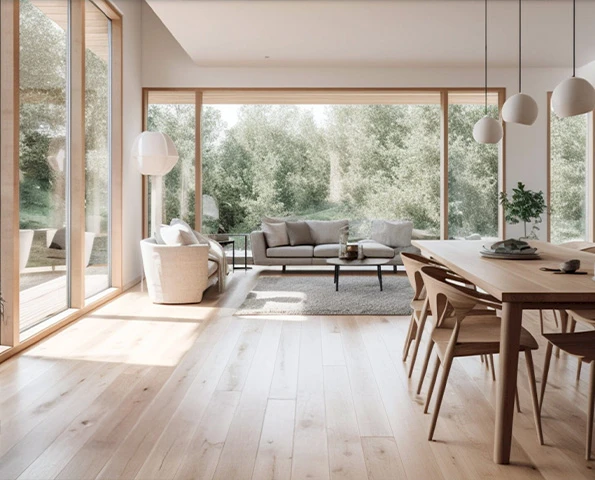 Helles Wohnzimmer mit bodentiefen Fenstern und Holzrahmen, moderner Einrichtung und Blick ins Grüne.