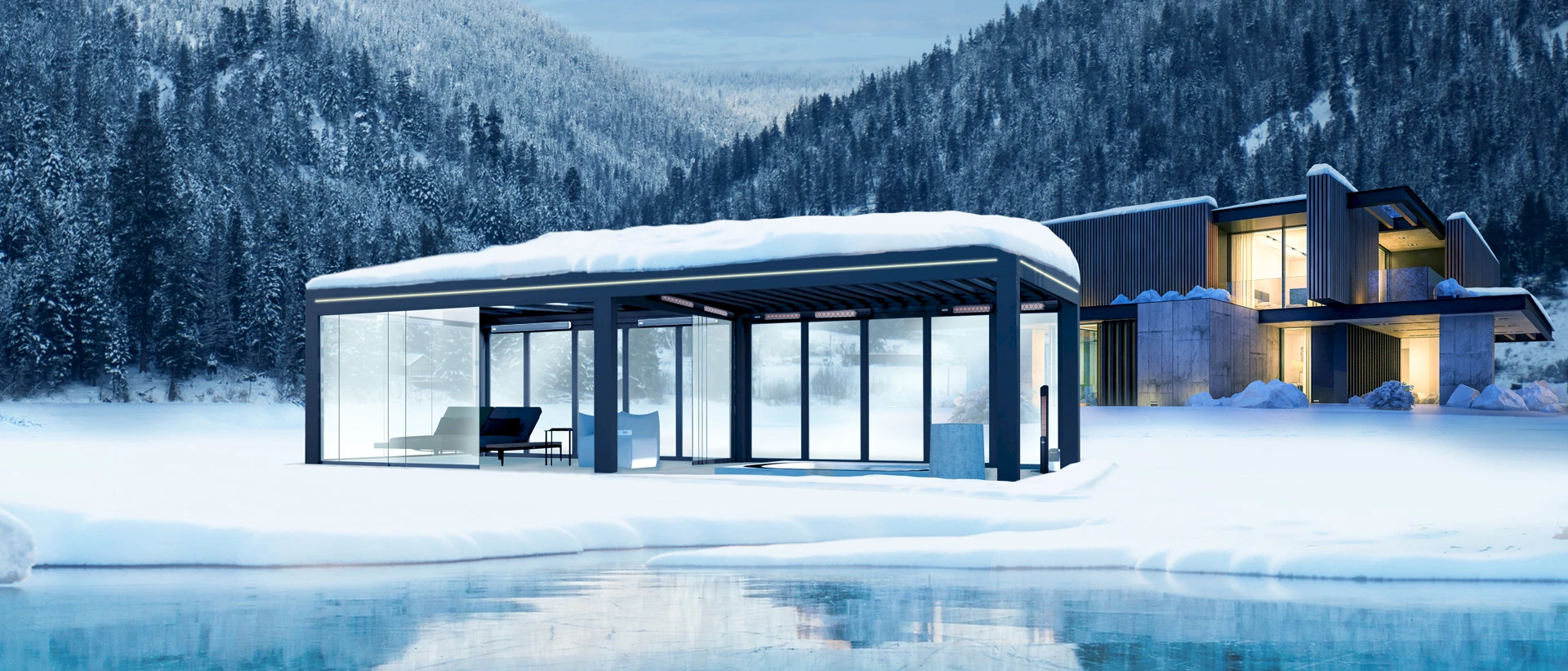 Terrassendächer aus Lamellen mit Schnee