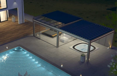 Luftaufnahme am Abend von einem freistehenden, beleuchteten Lamellendach mit Jacuzzi in Kombination mit einem angebauten Flachdach mit Verglasung