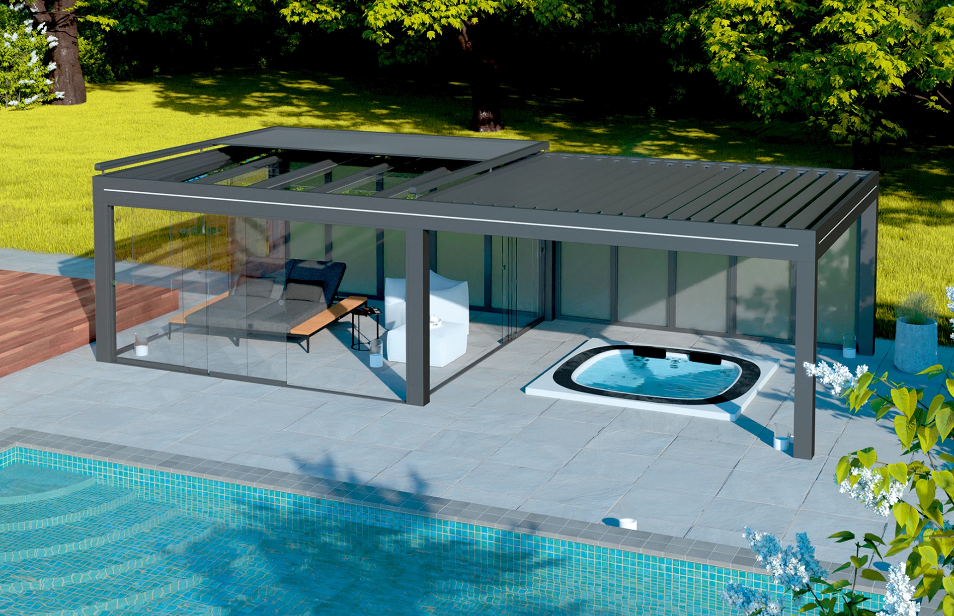 Frontaufnahme am Tag von einem freistehenden Lamellendach mit Jacuzzi in Kombination mit einem angebauten Flachdach mit Verglasung und Überglasmarkise