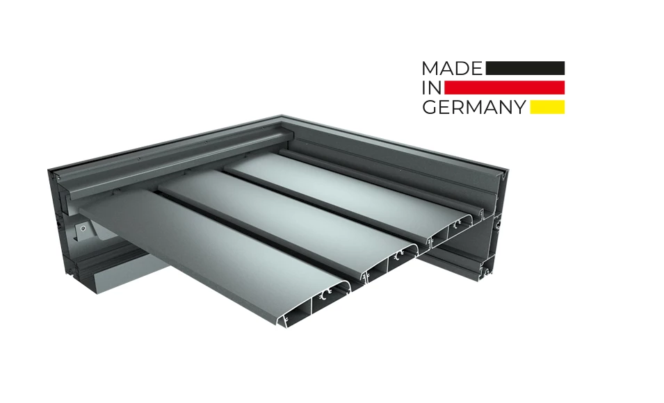 Quersnitt Lamellendach ts-Aluminium und made in Germany Logo