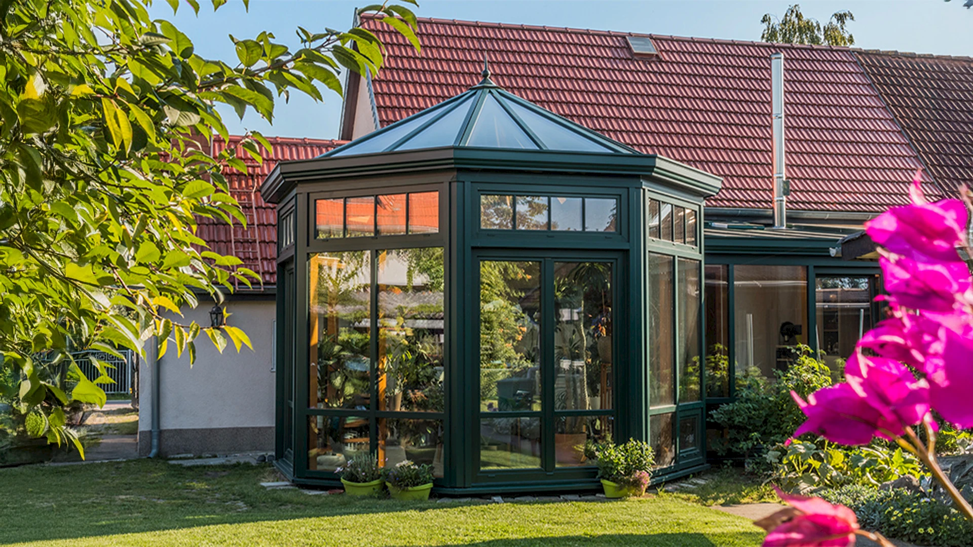 Wintergarten Anbau im Pavillon-Stil mit Glasdach und Sprossenfenstern als eleganter Gartenraum.