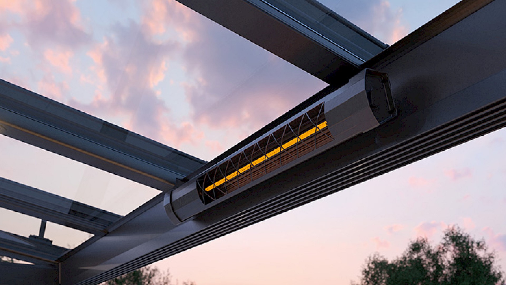 Infrarot-Heizstrahler elegant in die Aluminiumkonstruktion eines Terrassendachs integriert, für angenehme Wärme an kühlen Abenden.