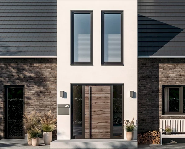 Moderne Hauseingangstür mit Holzoptik und seitlichen Glasfeldern, umrahmt von dunklen Klinker- und Putzflächen.