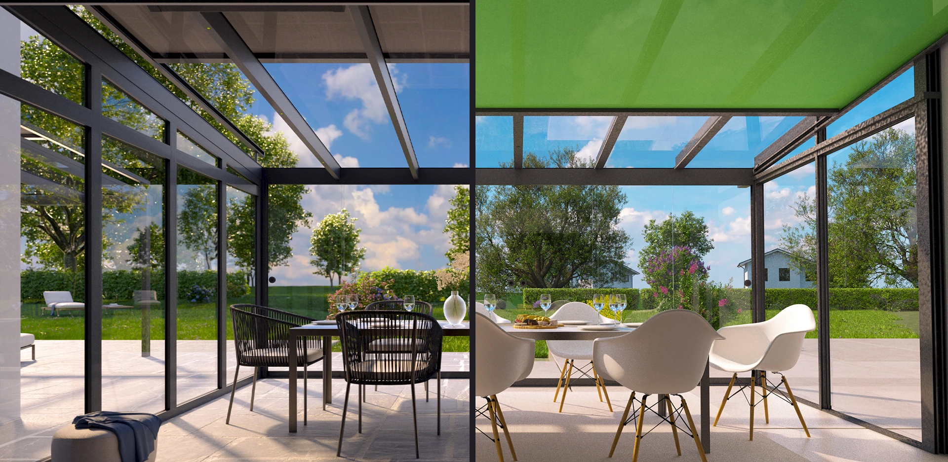 Modernes Doppelhaus mit zwei überdachten Terrassen – links mit offenem Glasdach, rechts mit geschlossenem Sommergarten und Beschattung