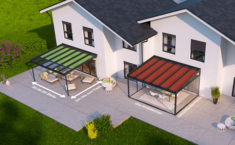 Terrassenüberdachung mit integrierter Beschattung und eingerollter Markise