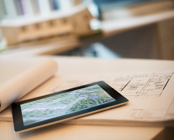 Digitale Vorplanung von Wintergartenprojekten mit Tablet und CAD-Plänen.