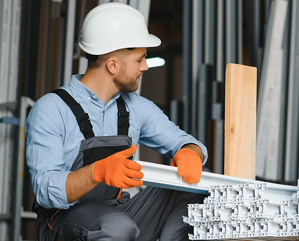 Handwerker mit Schutzhelm und Arbeitshandschuhen kontrolliert Aluminiumprofile für Wintergarten- oder Terrassenbau.
