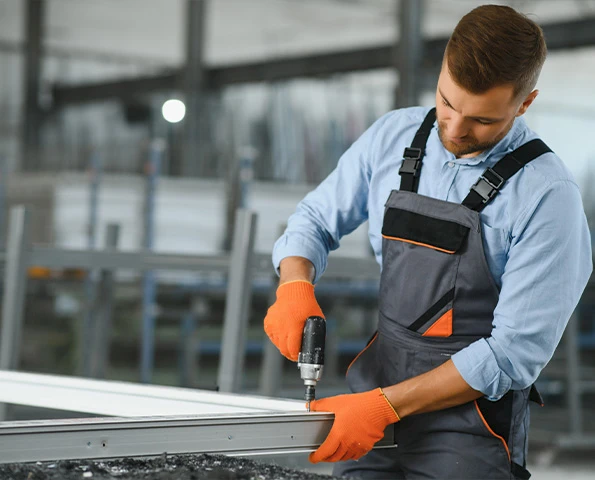 Handwerker bohrt präzise in ein Aluminiumprofil während der Montage, trägt Arbeitshandschuhe.