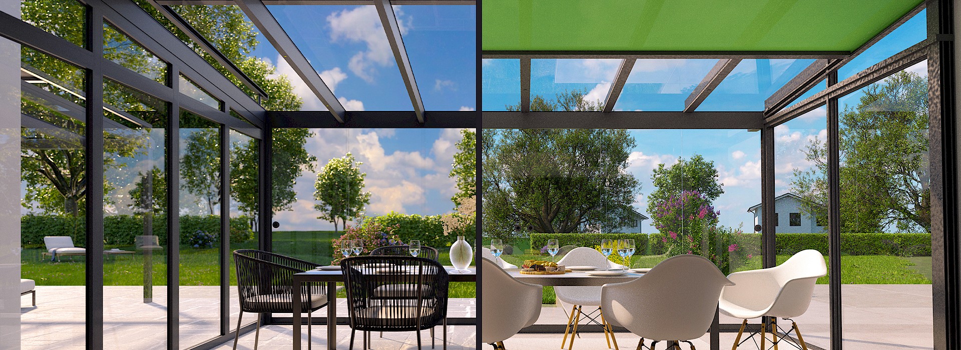 Hochwertiges Terrassendach aus Aluminium mit Glasdach und seitlichen Glasschiebeelementen