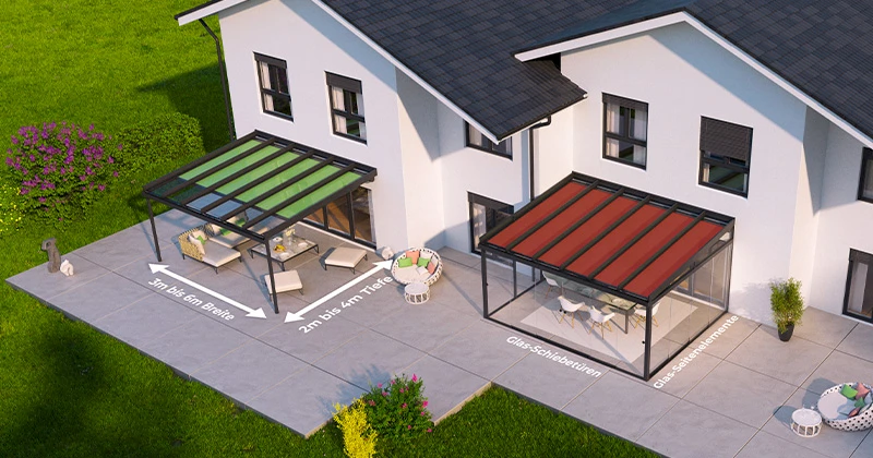 Flexibel planbares Aluminium-Terrassendach mit Breiten von 3–6 m, Tiefen von 2–6 m und Verglasung