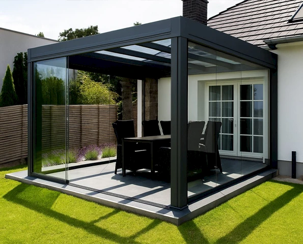 Moderner Sommergarten mit Glasschiebeanlagen und Aluminiumkonstruktion im Garten