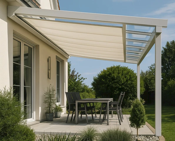 Terrassenüberdachung mit integrierter Unterdachmarkise an Einfamilienhaus