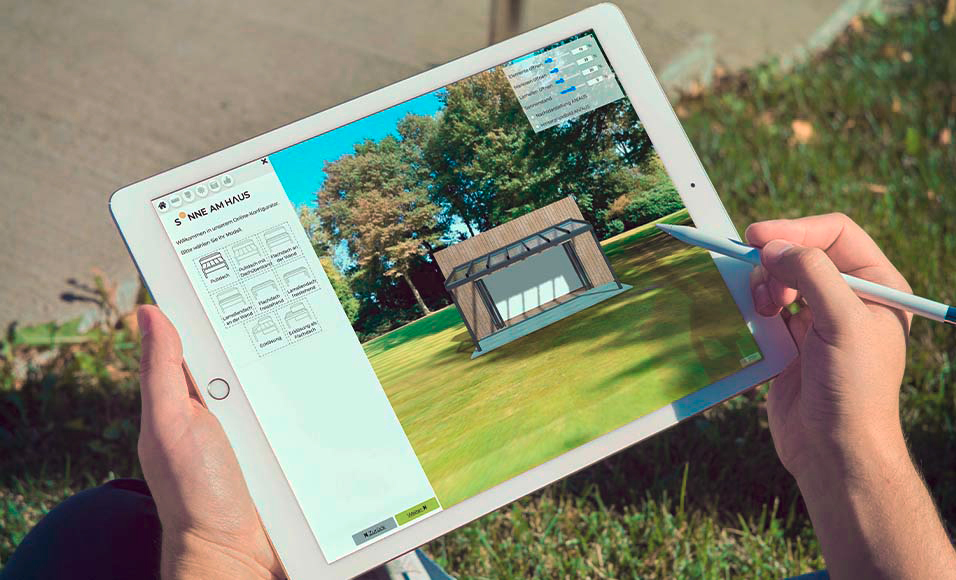 Konfiguration eines Terrassendaches über den 3D-Online-Konfigurator auf einem Tablet-PC