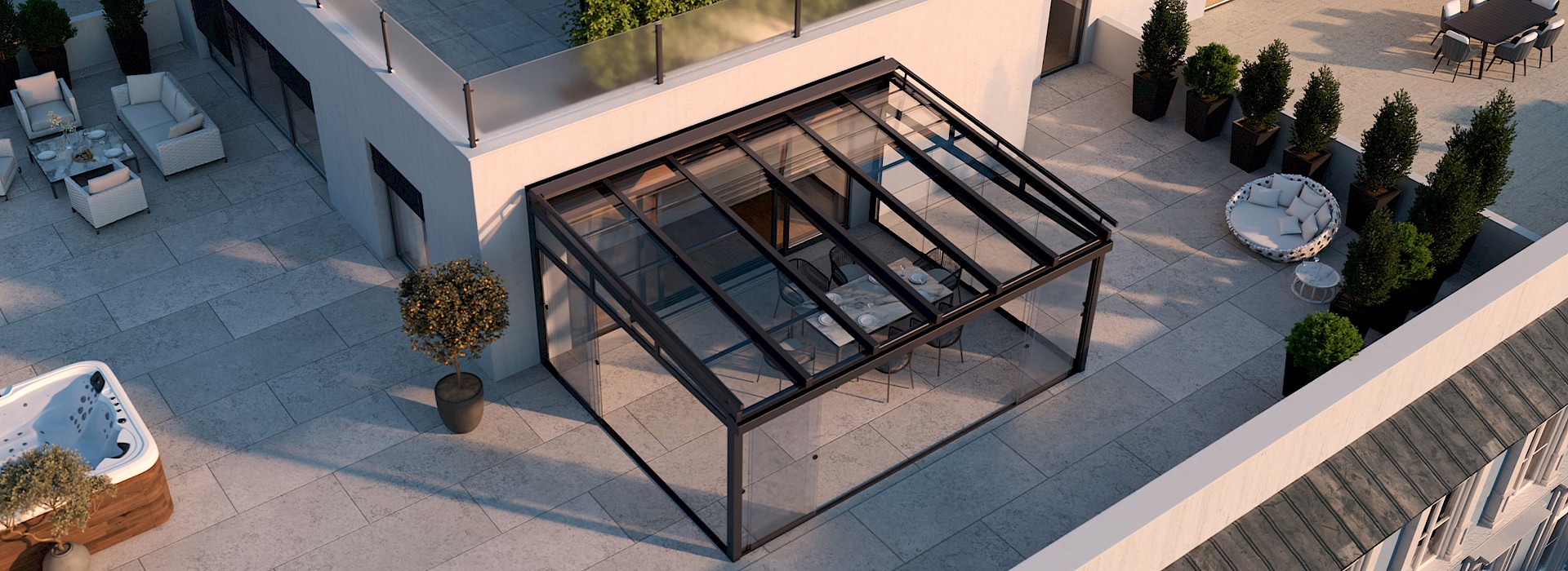 Moderner Sommergarten mit Glasdach und Panoramaverglasung, Essbereich mit Blick ins Grüne