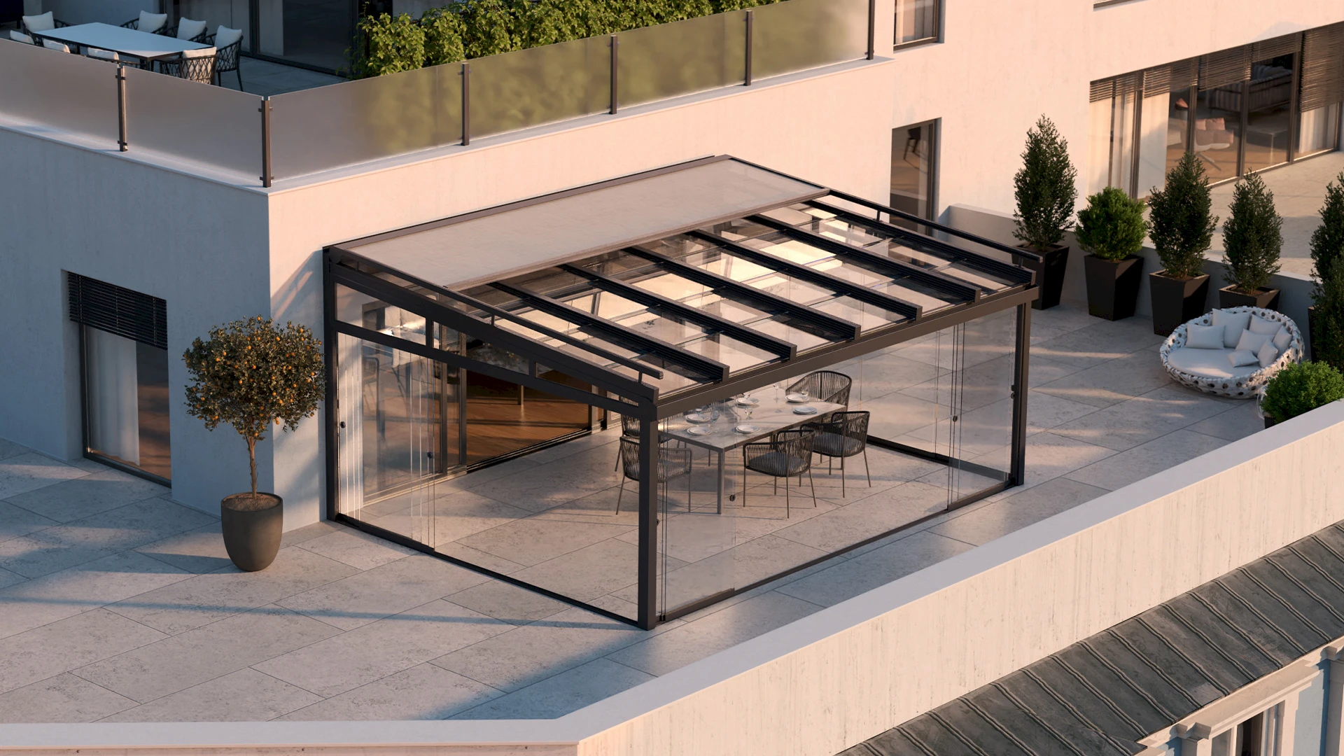 Angebauter Sommergarten mit Pultdach aus Aluminium und großflächiger Verglasung