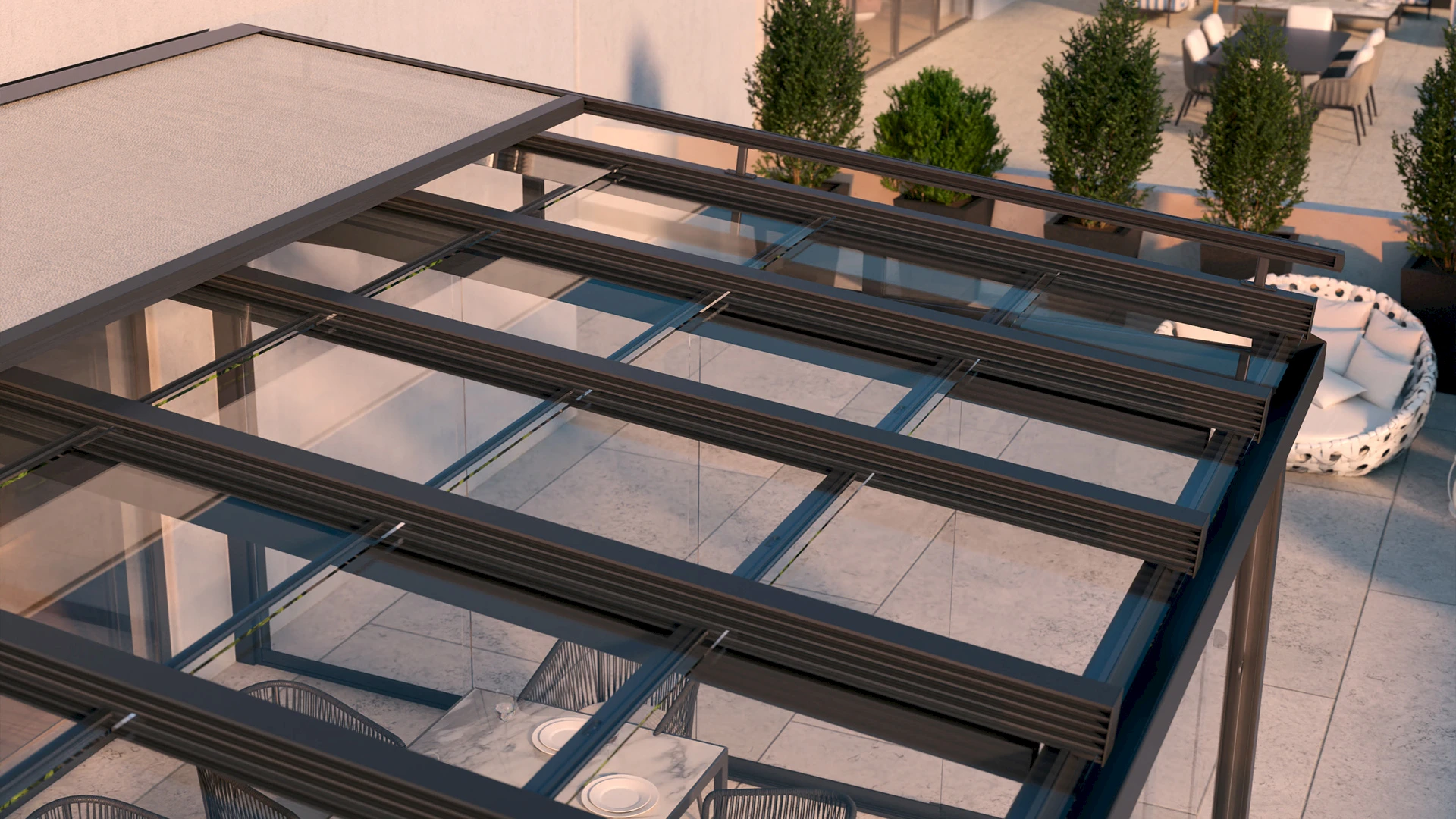 Sommergarten mit modernem Flachdach und rahmenlosen Glasschiebetüren