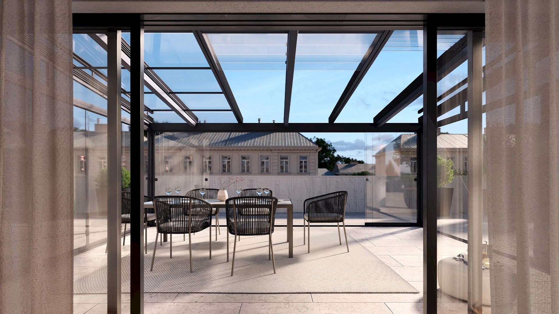 Moderner Flachdach-Sommergarten mit Glasfront und gemütlichem Loungebereich