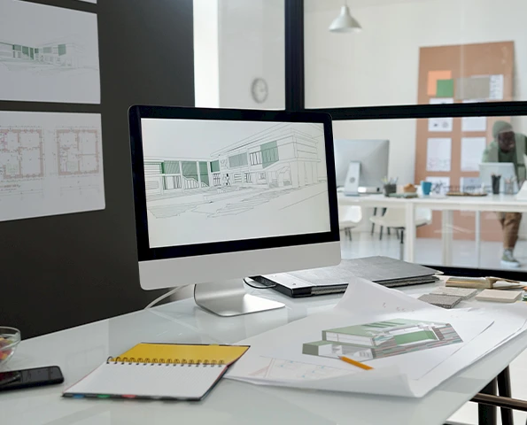 Zwei Personen stehen an einem Tisch mit und planen