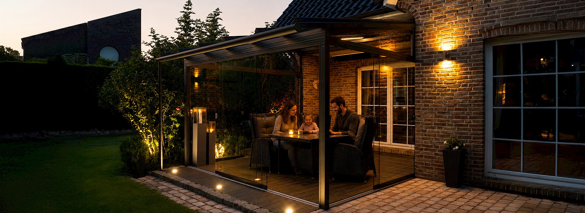 Moderner Sommergarten mit Glasdach und Panoramaverglasung, Essbereich mit Blick ins Grüne