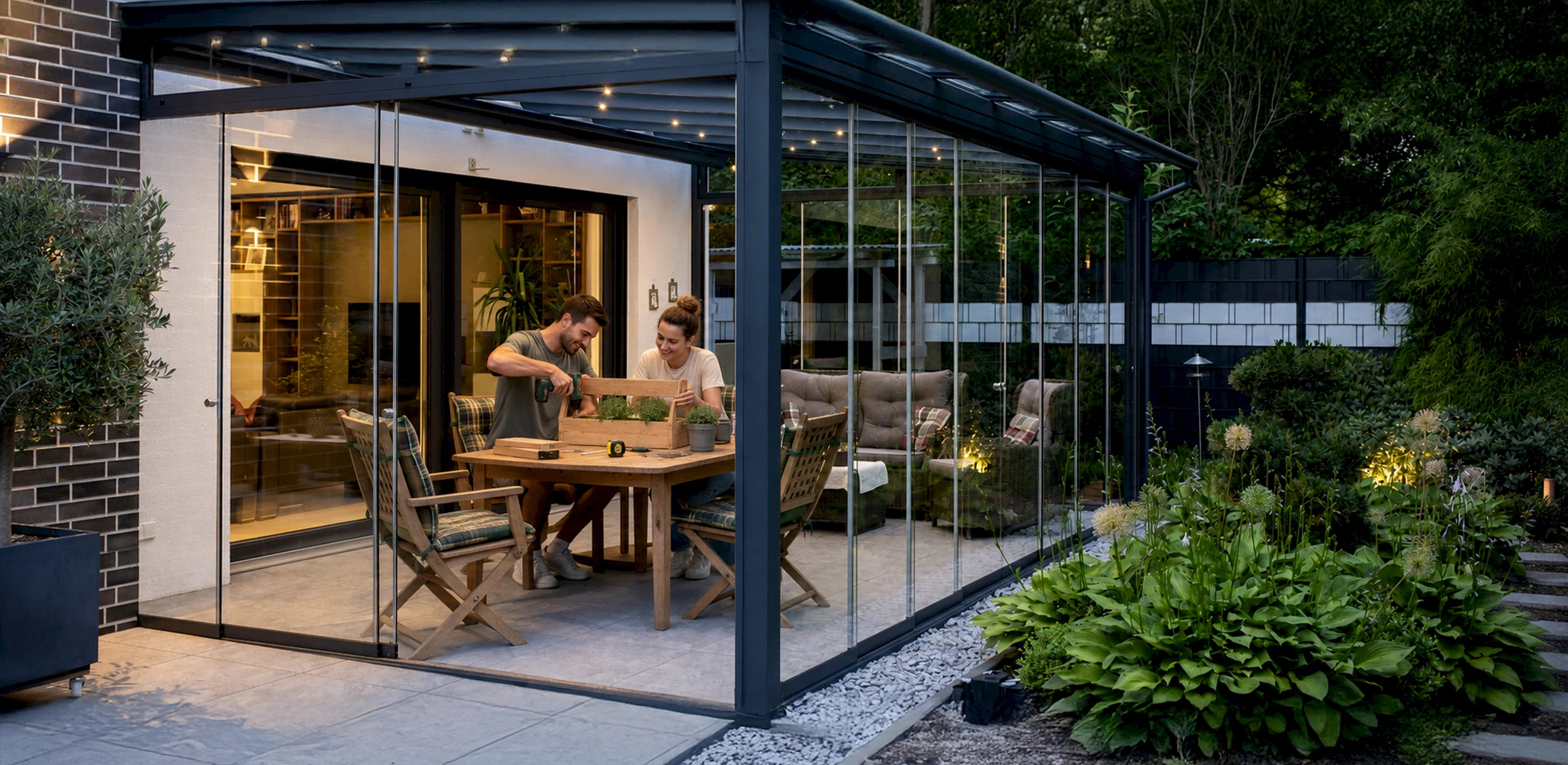 Zwei Personen bauen gemeinsam eine Pflanzkiste an einem Tisch im verglasten Sommergarten.