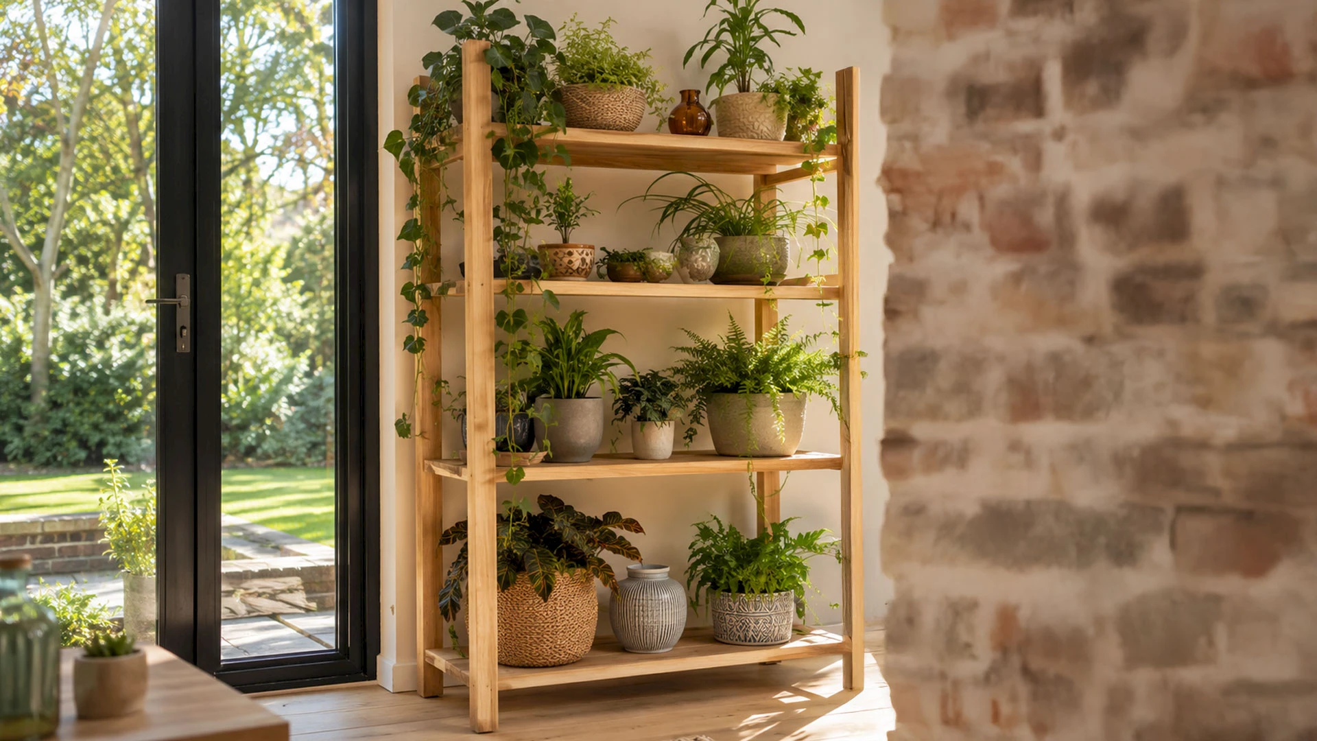 Selbst gebautes Holzregal mit zahlreichen Topfpflanzen neben einer großen Glastür.