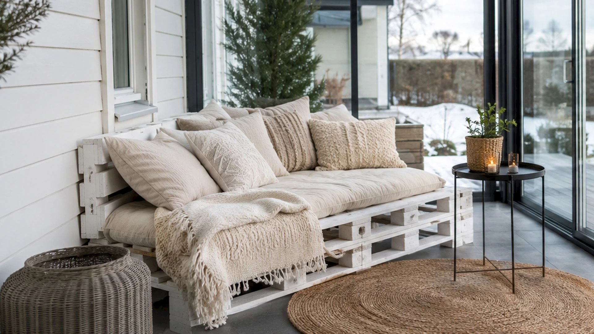 Weiße Sitzbank aus Paletten mit Kissen und Decke in einem verglasten Wintergarten.