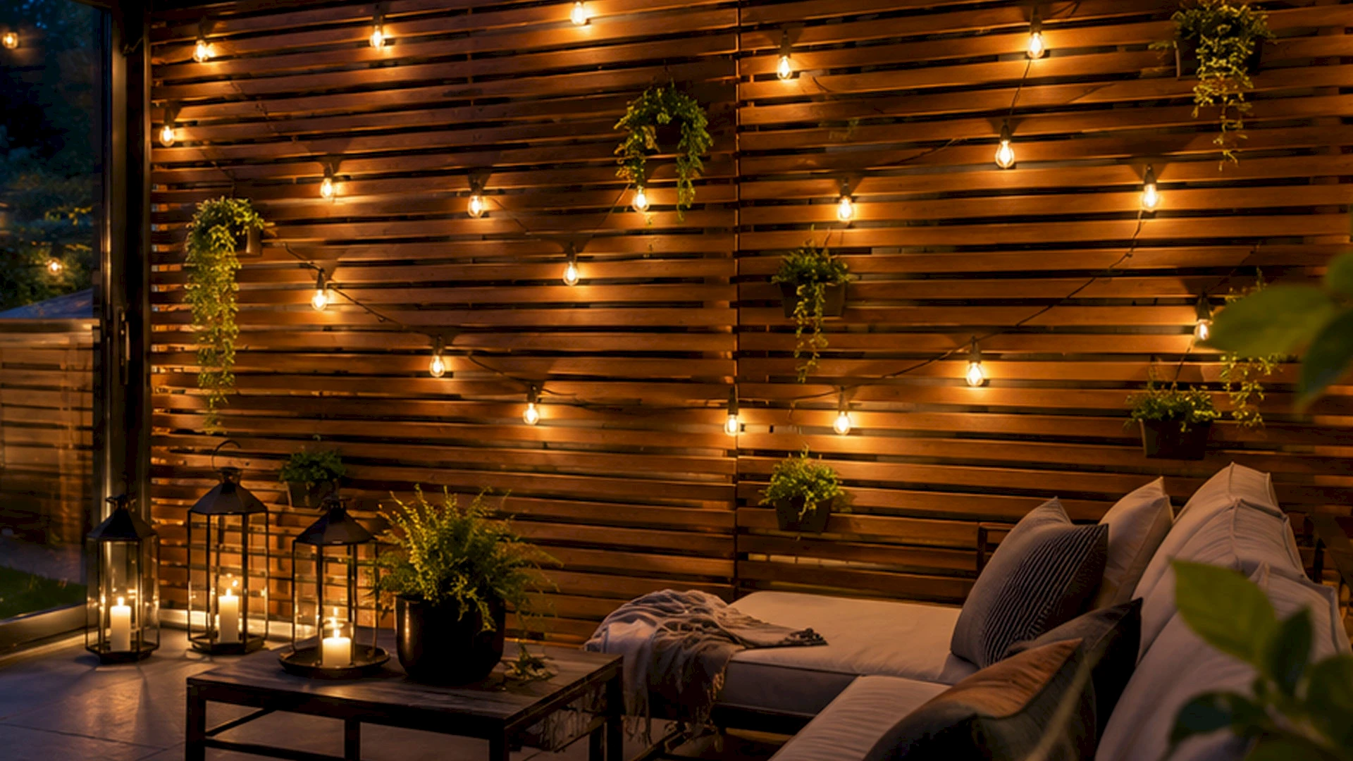Holzwand mit warmer Lichterkette, hängenden Pflanzen und gemütlicher Sitzecke.