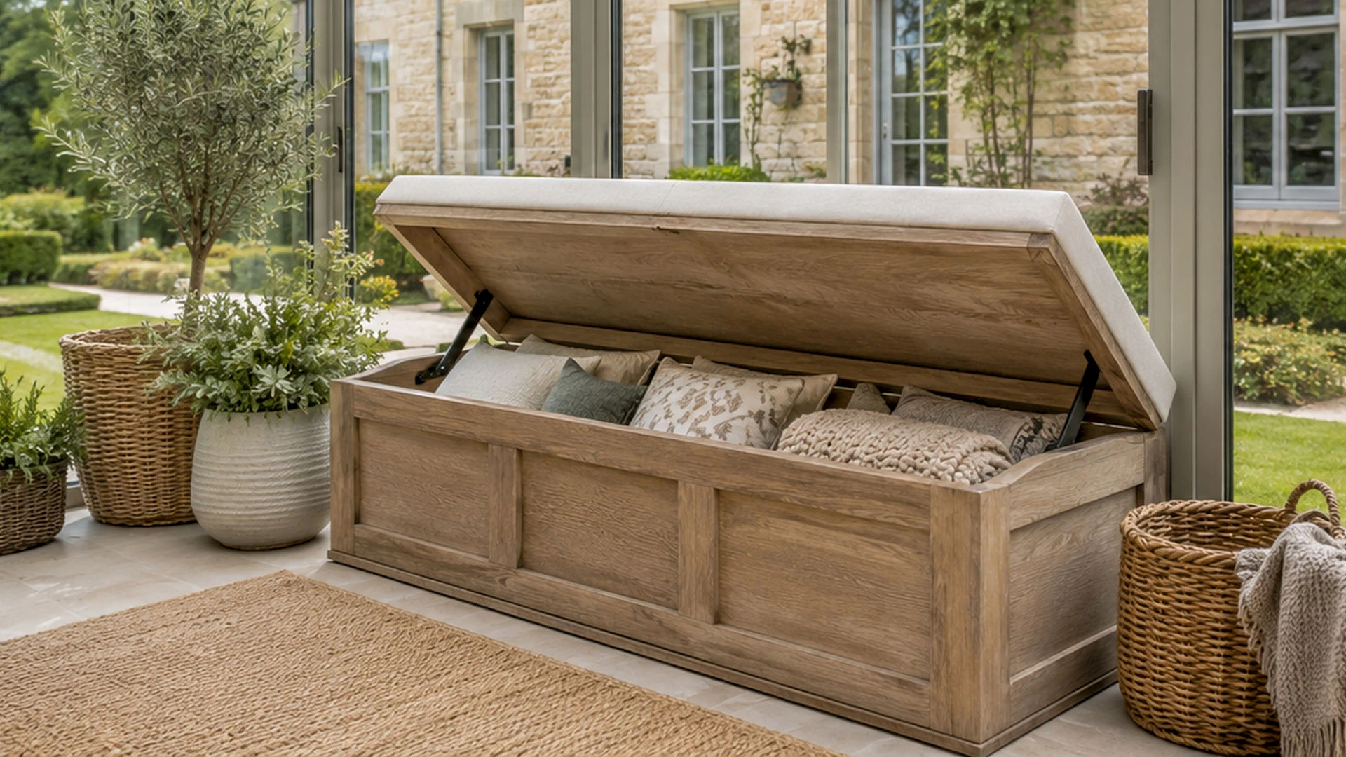 Geöffnete Stauraumbank aus Holz mit Kissen und Decken zwischen großen Topfpflanzen.
